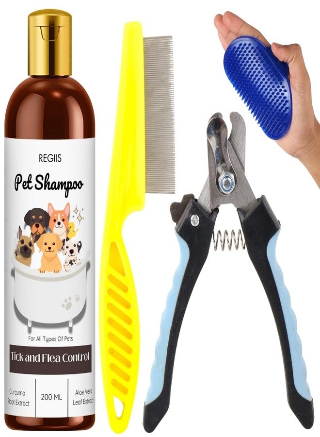 REGIIS Pet Grooming Kit, Dog Shampoo with Tick and Flea Control, 200 ML, Includes Metal Comb, Nail Clipper, Silicone Brush, Natural Ingredients with Curcuma Root and Aloe Vera Extract - Image 1